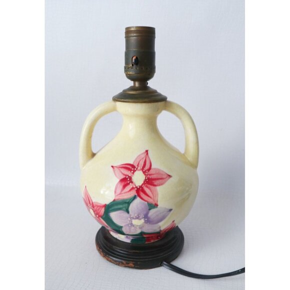 Vintage Hand-Painted Floral Ceramic Lamp With Dual Handles Cottage Core - Picture 3 of 10